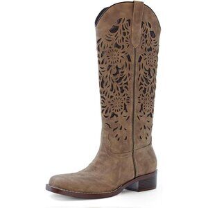 Women's Brown Cut Out Floral Embroidered Cowgirl Boot Low Block Heel Comfortable